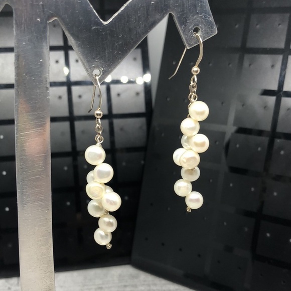 Sterling silver 925 freshwater pearl cluster drop dangle earrings statement. - Picture 5 of 6